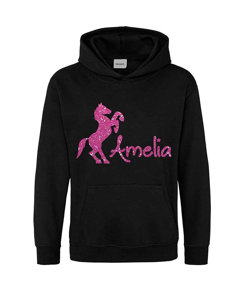 Personalised Equestrian Glitter Hoodie Custom Printed Name Girls Hoodies Jumper