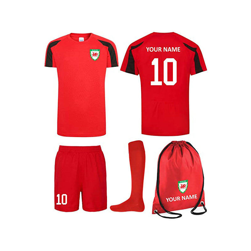 Prospo® Kids Personalised Wales Style Football Kit Bag Youth Football Wales Boys Or Girls Football Jersey Child Football Kit