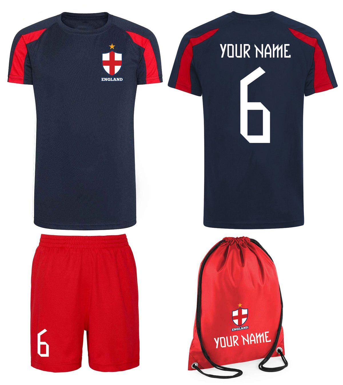 Personalised England Flag Badge Football Kit for Boys and Girls