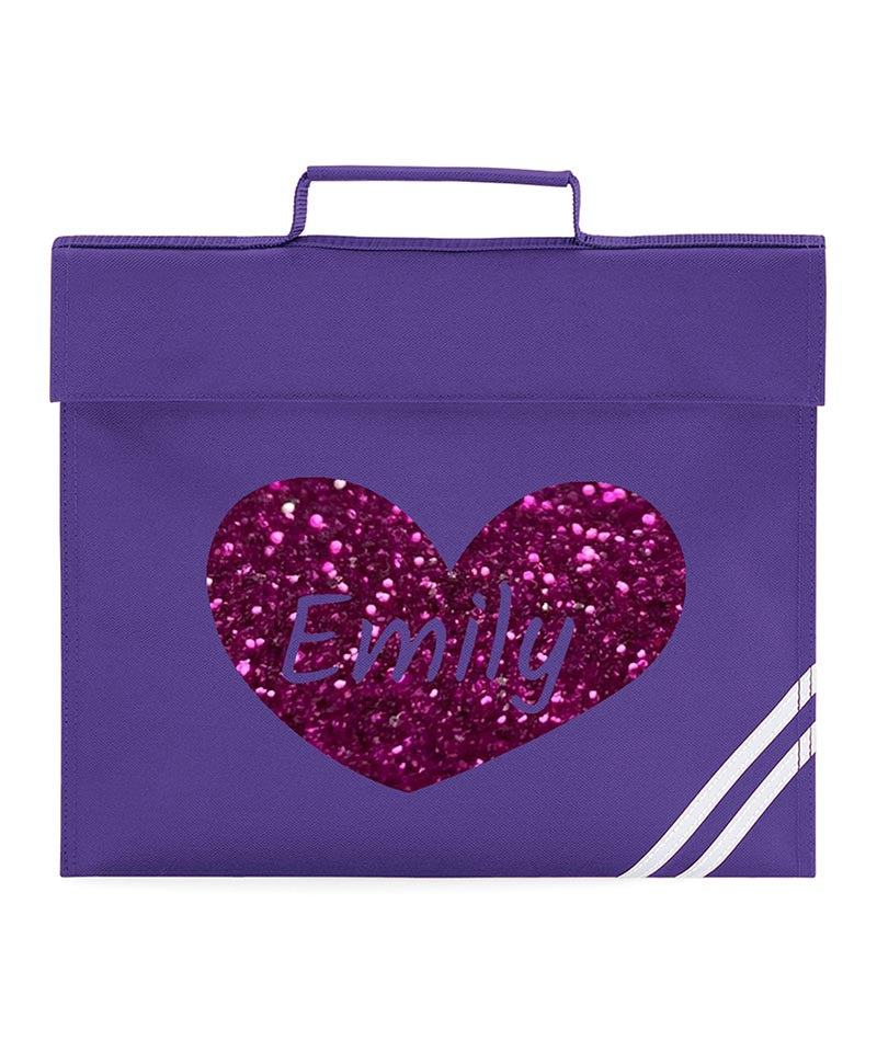 Personalised Children Glitter Heart School Book Bag Heart Bookbag Gift