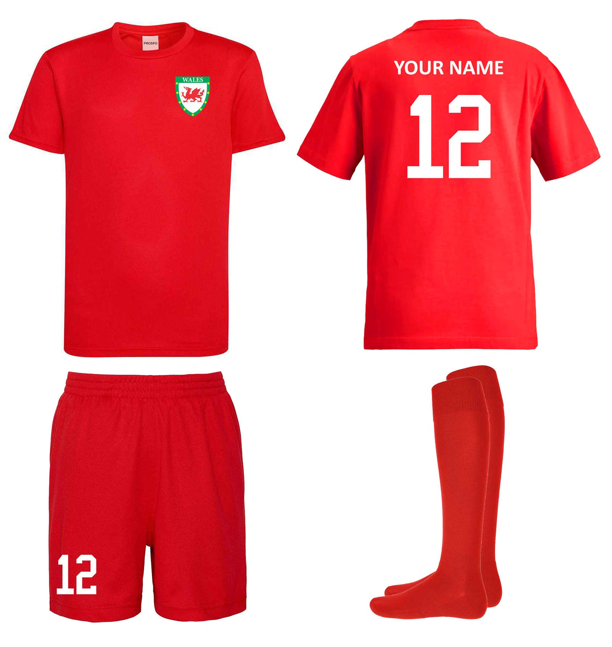 Personalised Wales Style Football Kits Red Custom Shirts Shorts and Socks