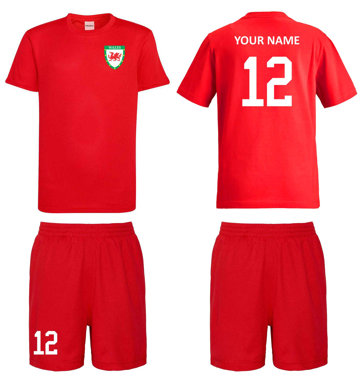 Personalised Wales Style Football Kits Customised Red Shirts and Shorts