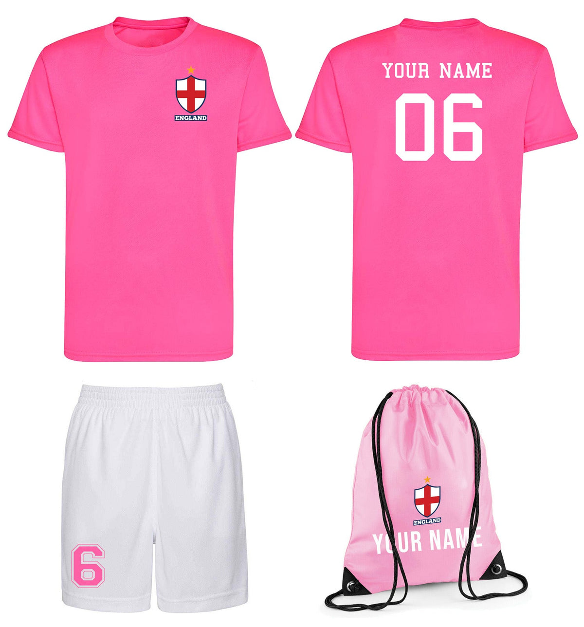 Personalised England Style Kit Football Shirt, Shorts and Bag for Girls Kids