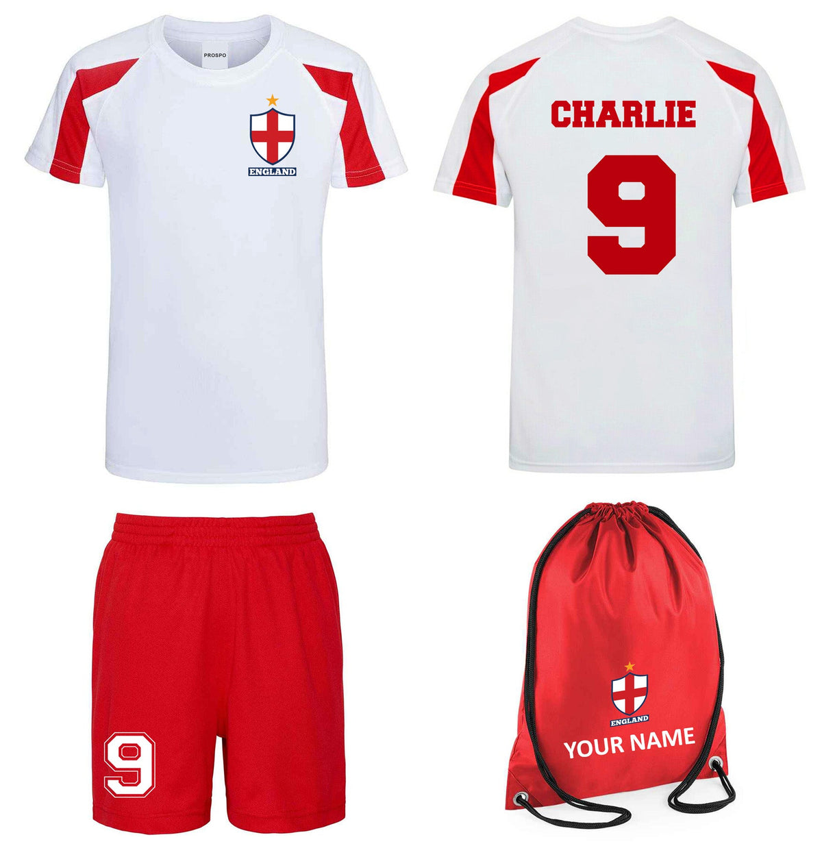 Children Personalised England Flag Badge Style Football Kits