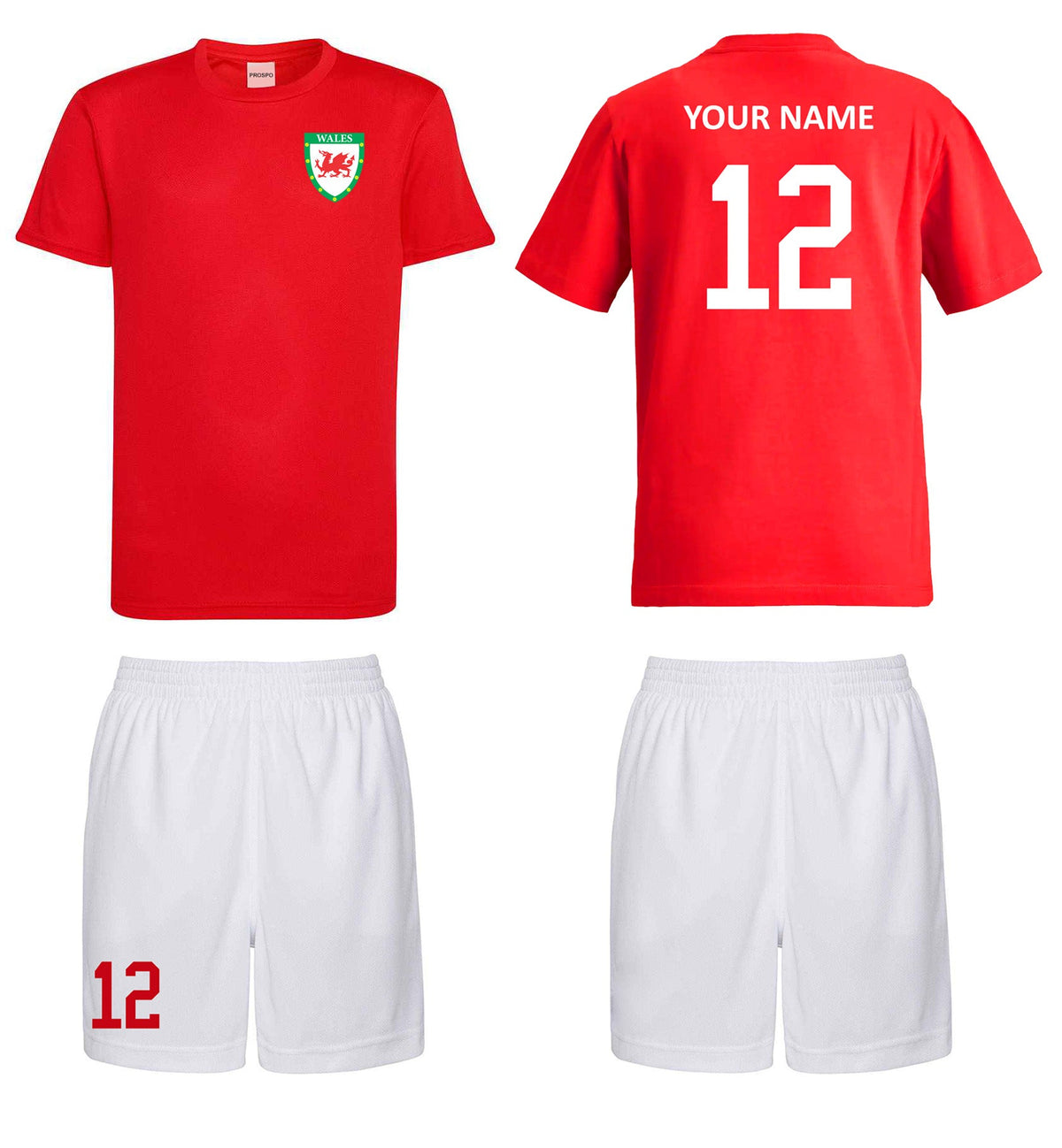 Personalised Wales Style Football Kits Customised Red & White Shirts and Shorts