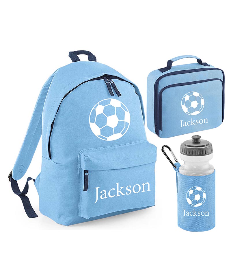 Personalised Football Backpack, Lunch Bag, Drawstring, Water bottle and Pencil Case PE Bag Kids Boys Girls