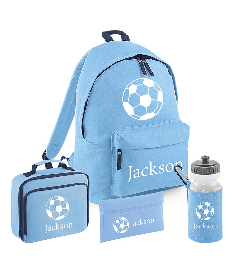 Personalised Football Backpack, Lunch Bag, Drawstring, Water bottle and Pencil Case PE Bag Kids Boys Girls