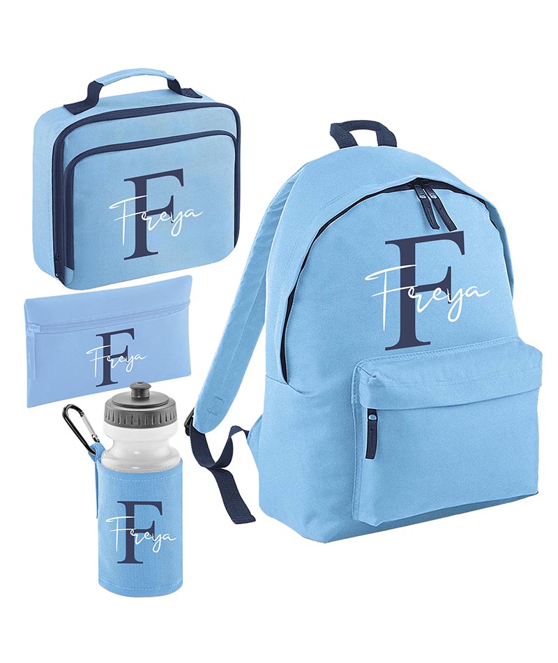 Personalised Initial Name Backpack, Lunch Bag, Drawstring, Water bottle and Pencil Case PE Bag Kids Boys Girls